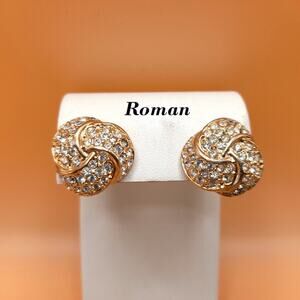 Roman Clear Pave Rhinestone Gold Tone Post Earrings, 3/4 Inch, Vintage